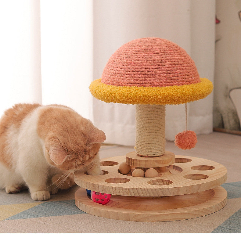 3-in-1 Cat Toy: Wooden Turntable + Sisal Scratcher + Ball Track