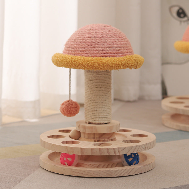3-in-1 Cat Toy: Wooden Turntable + Sisal Scratcher + Ball Track