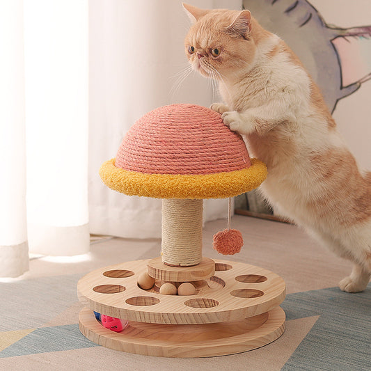 3-in-1 Cat Toy: Wooden Turntable + Sisal Scratcher + Ball Track